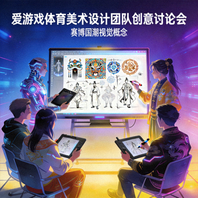 爱游戏体育美术设计团队创意讨论会 - 设计师们在电子白板前讨论赛博国潮视觉概念