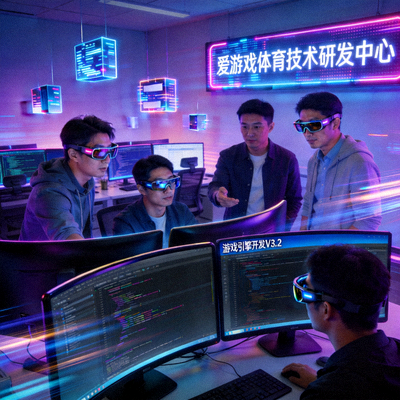 爱游戏体育技术研发团队工作场景 - 程序员在充满赛博风格的办公环境中协作开发