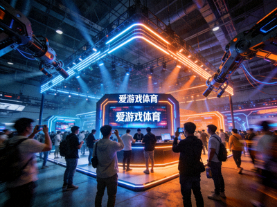 爱游戏体育展台全景 - 赛博风格灯光与人群互动